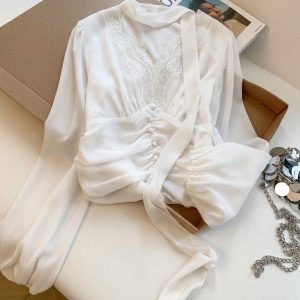 Women's Lace V-Neck Chiffon Blouse with Ribbon and Ruffle Hem