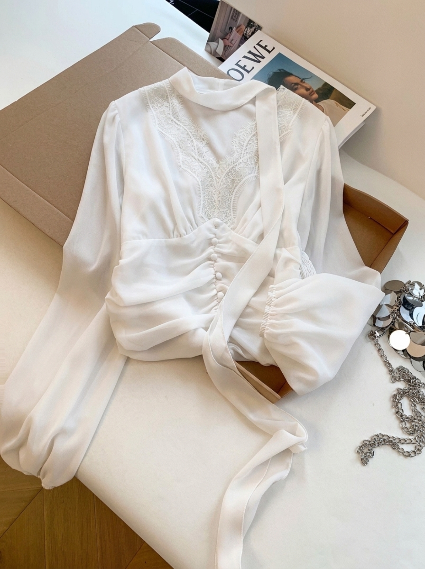 Women's Lace V-Neck Chiffon Blouse with Ribbon and Ruffle Hem