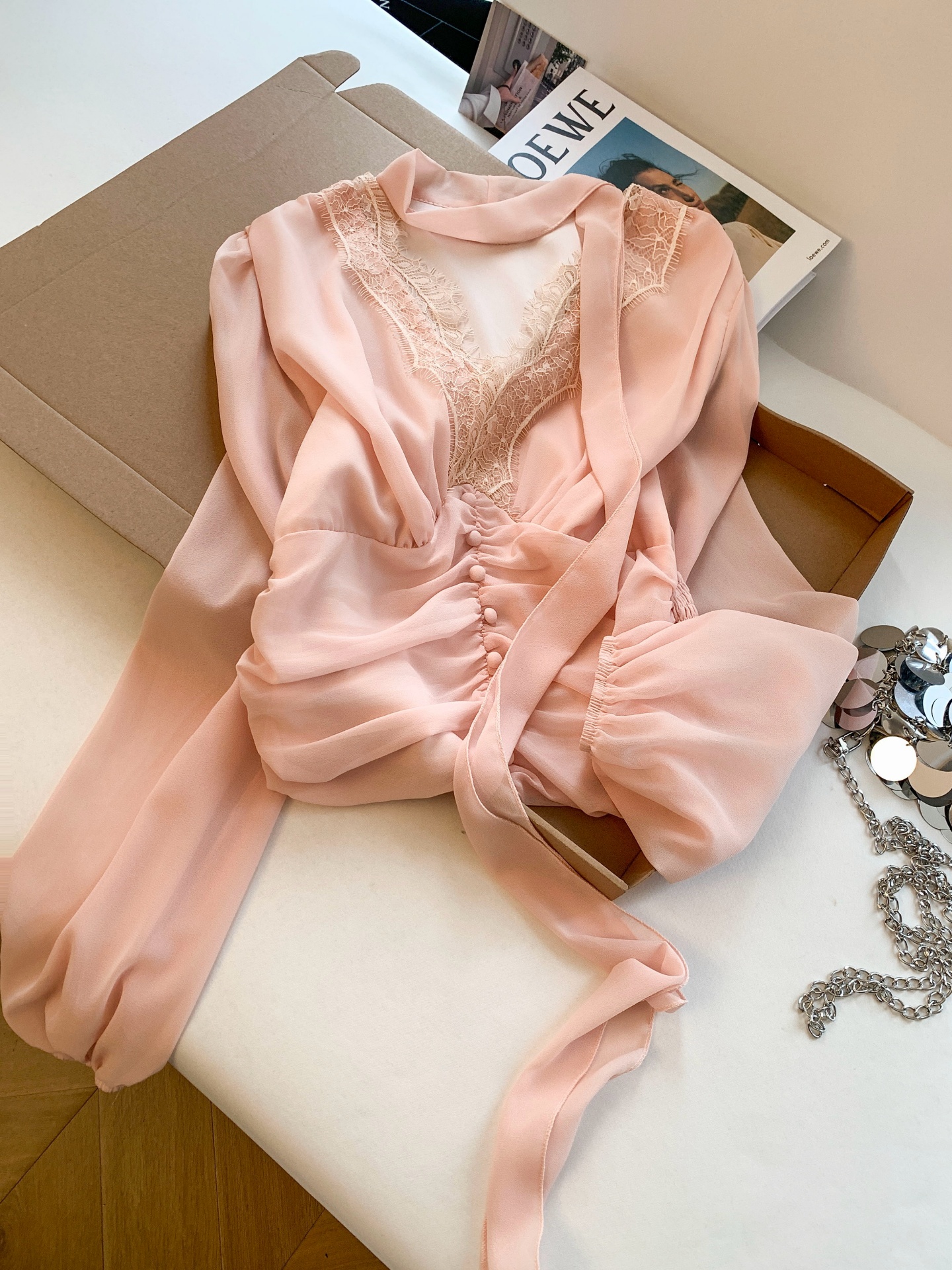 Women's Lace V-Neck Chiffon Blouse with Ribbon and Ruffle Hem - Image 2