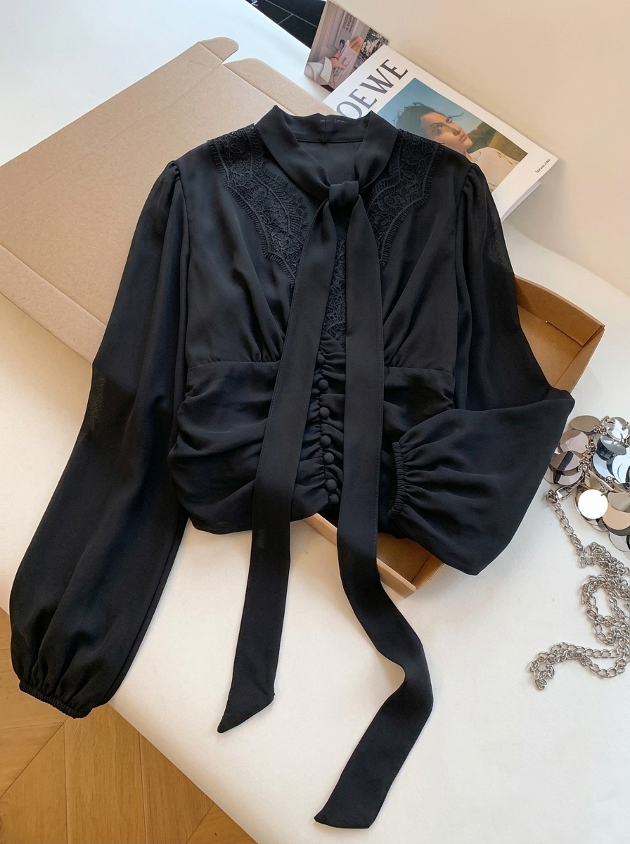 Women's Lace V-Neck Chiffon Blouse with Ribbon and Ruffle Hem - Image 3