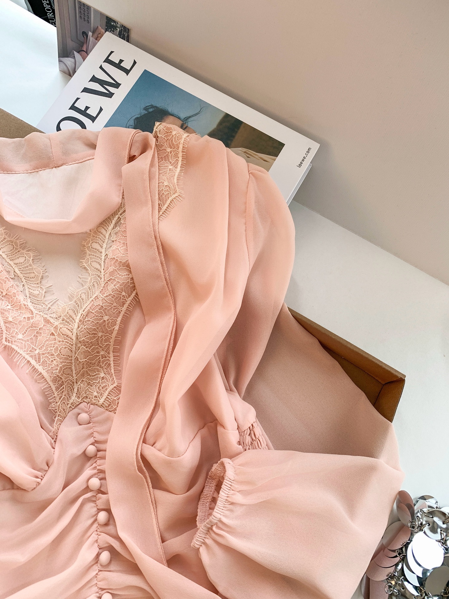 Women's Lace V-Neck Chiffon Blouse with Ribbon and Ruffle Hem - Image 4