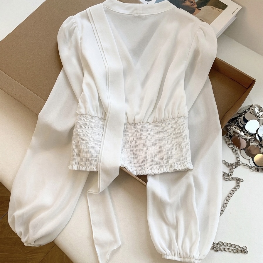 Women's Lace V-Neck Chiffon Blouse with Ribbon and Ruffle Hem - Image 5