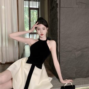 Women's Off-Shoulder A-Line Halter Dress Black and White Spliced Summer Party