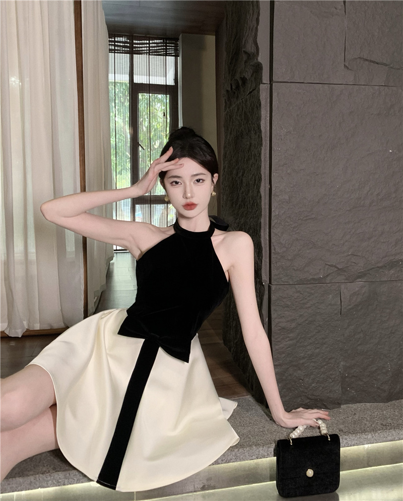 Women's Off-Shoulder A-Line Halter Dress Black and White Spliced Summer Party