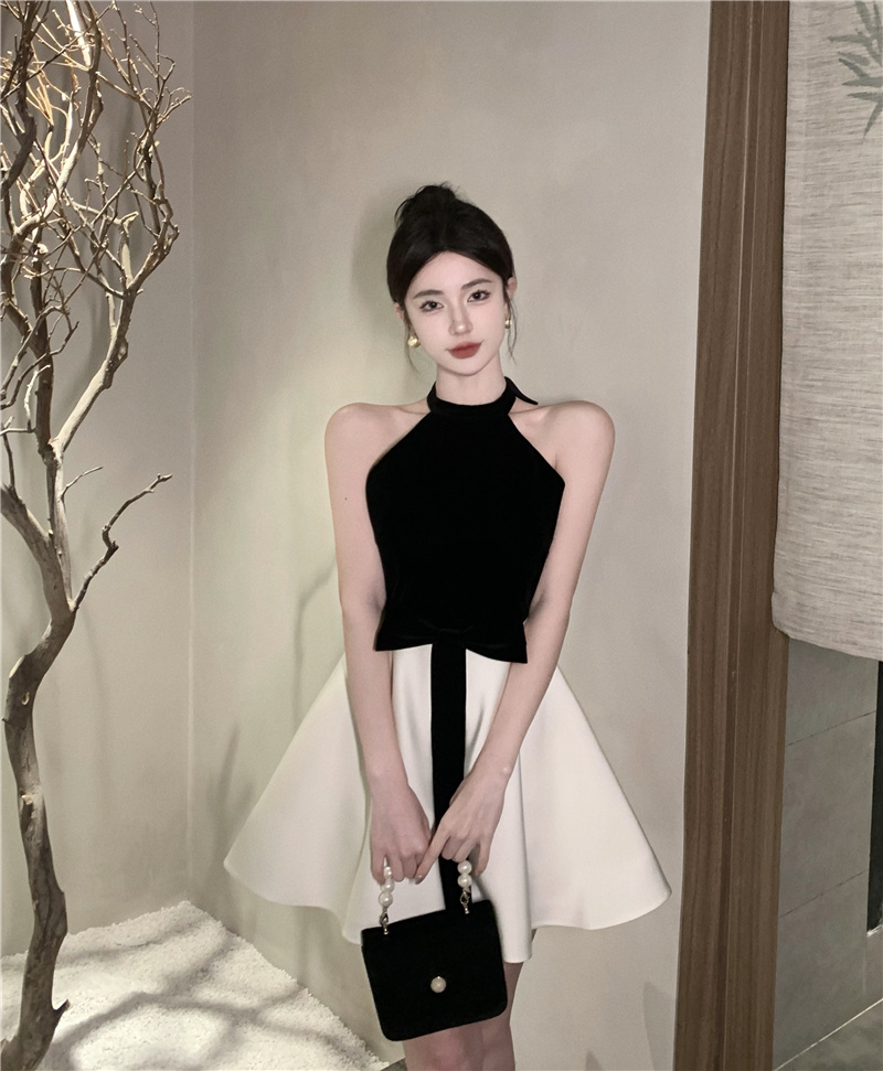 Women's Off-Shoulder A-Line Halter Dress Black and White Spliced Summer Party - Image 2