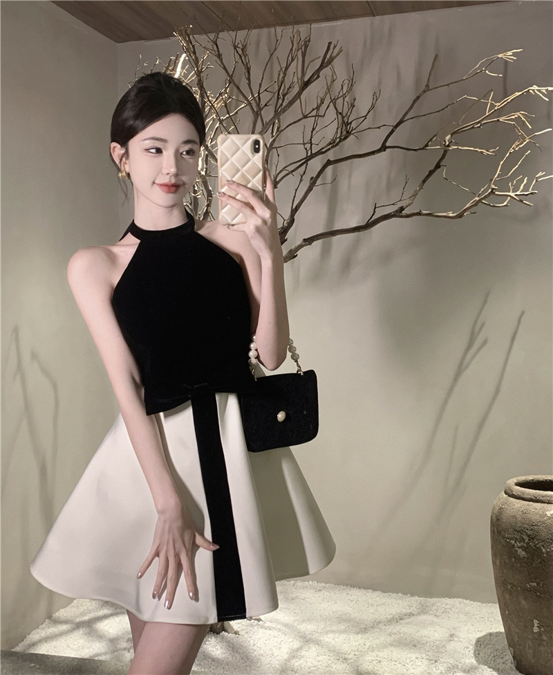 Women's Off-Shoulder A-Line Halter Dress Black and White Spliced Summer Party - Image 3