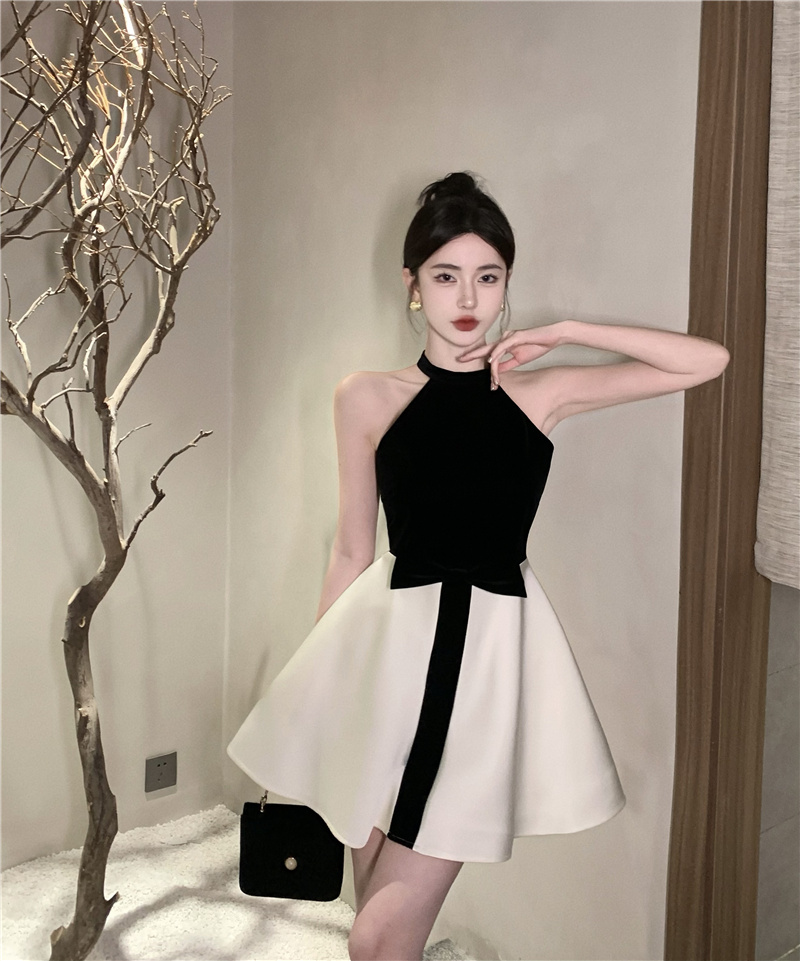 Women's Off-Shoulder A-Line Halter Dress Black and White Spliced Summer Party - Image 4