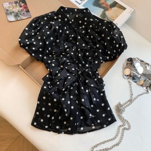 Women's Retro Black Polka Dot Short Sleeve Chiffon Shirt Summer Slim Fit Wooden Ear Detail Top