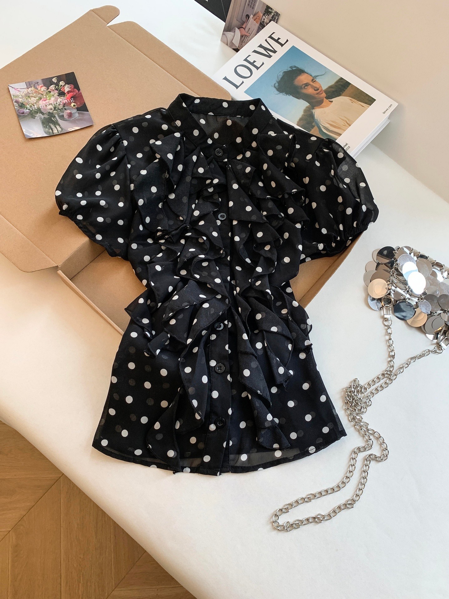 Women's Retro Black Polka Dot Short Sleeve Chiffon Shirt Summer Slim Fit Wooden Ear Detail Top