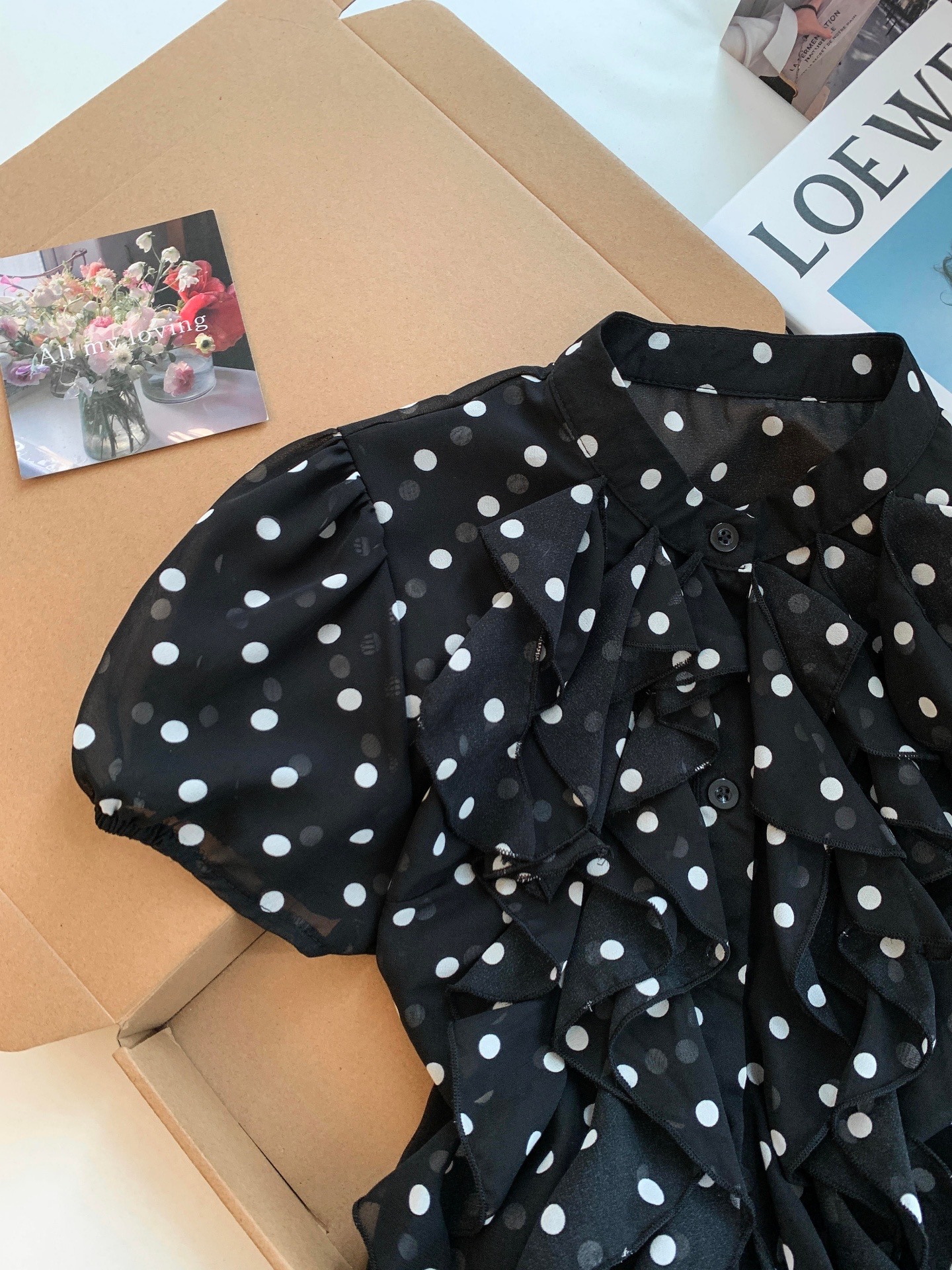 Women's Retro Black Polka Dot Short Sleeve Chiffon Shirt Summer Slim Fit Wooden Ear Detail Top - Image 2