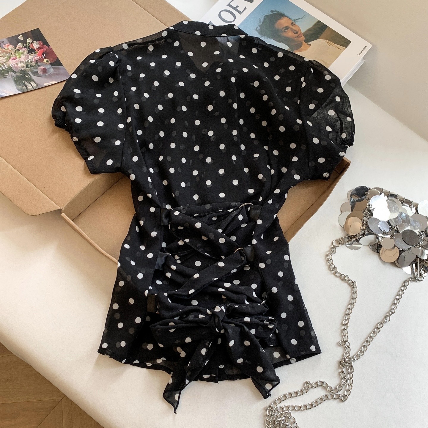 Women's Retro Black Polka Dot Short Sleeve Chiffon Shirt Summer Slim Fit Wooden Ear Detail Top - Image 5