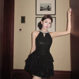 Women's Sequin Halter Dress with Rhinestone Cake Skirt Party Birthday Cocktail Mini Dress