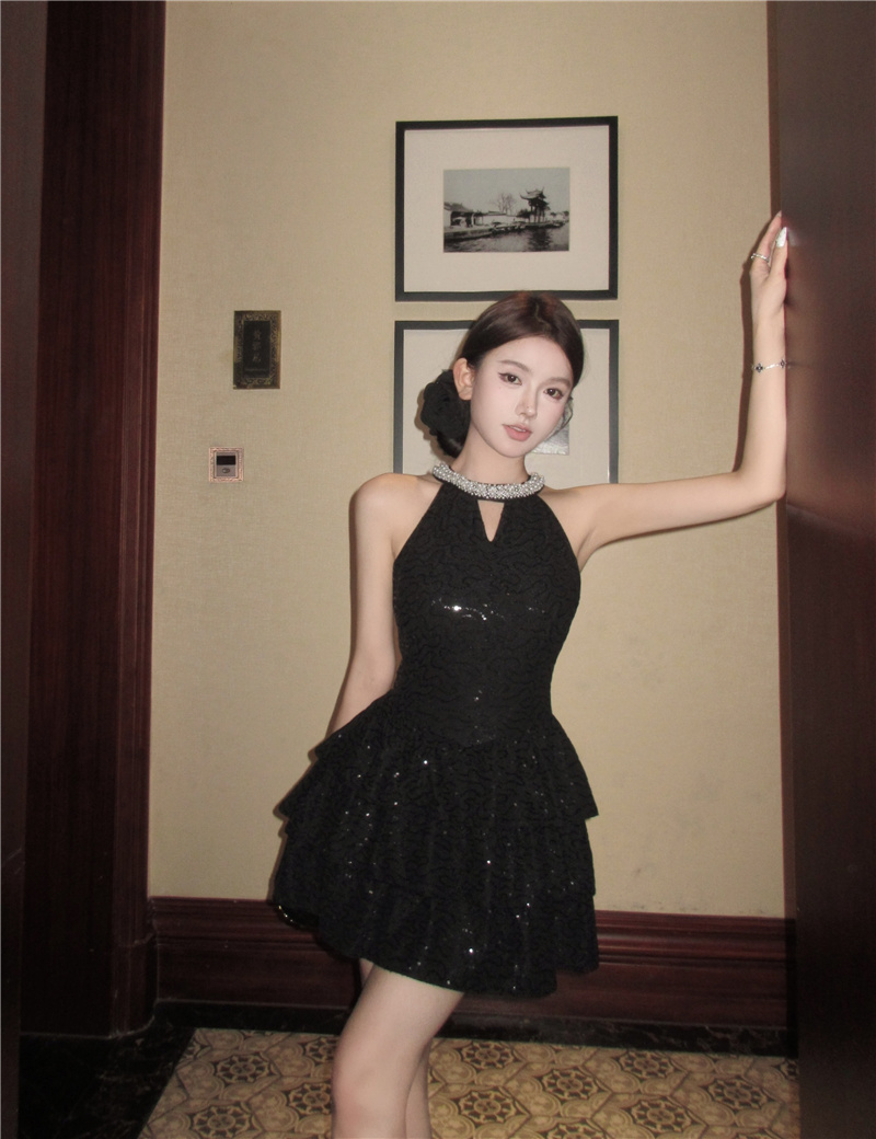 Women's Sequin Halter Dress with Rhinestone Cake Skirt Party Birthday Cocktail Mini Dress