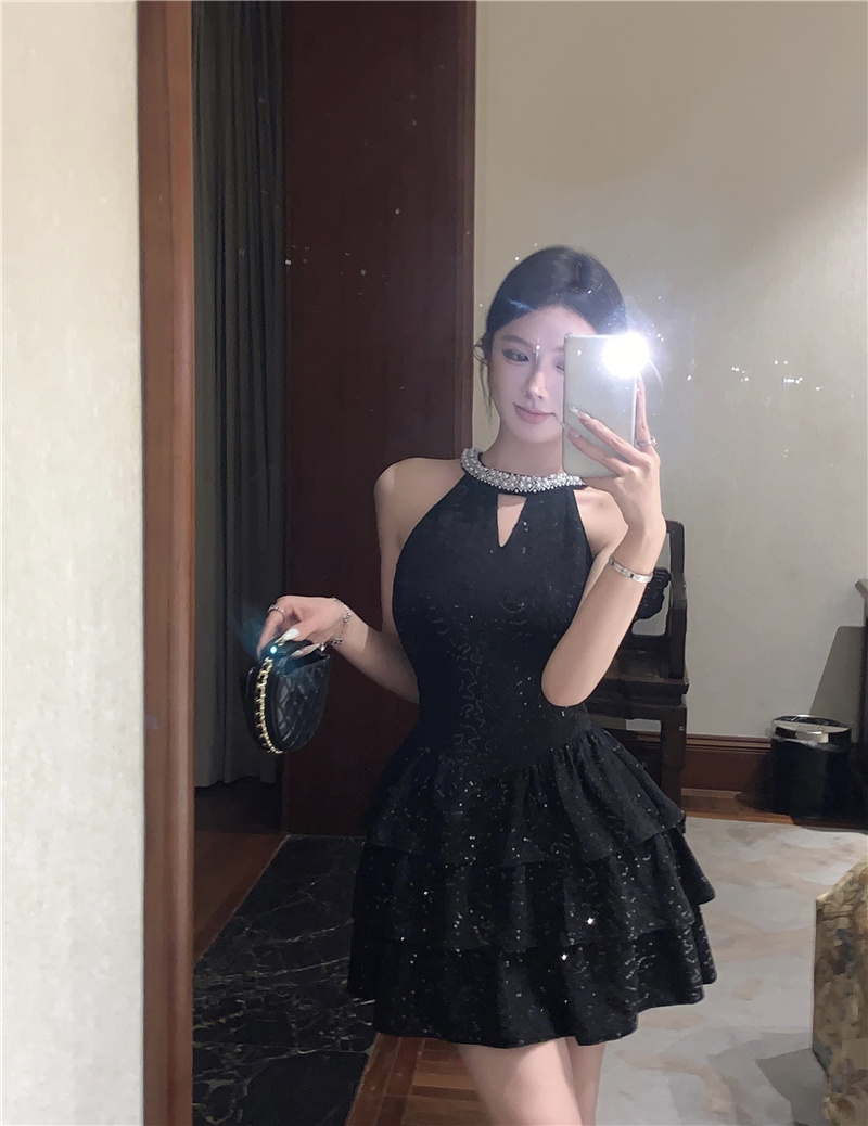 Women's Sequin Halter Dress with Rhinestone Cake Skirt Party Birthday Cocktail Mini Dress - Image 3