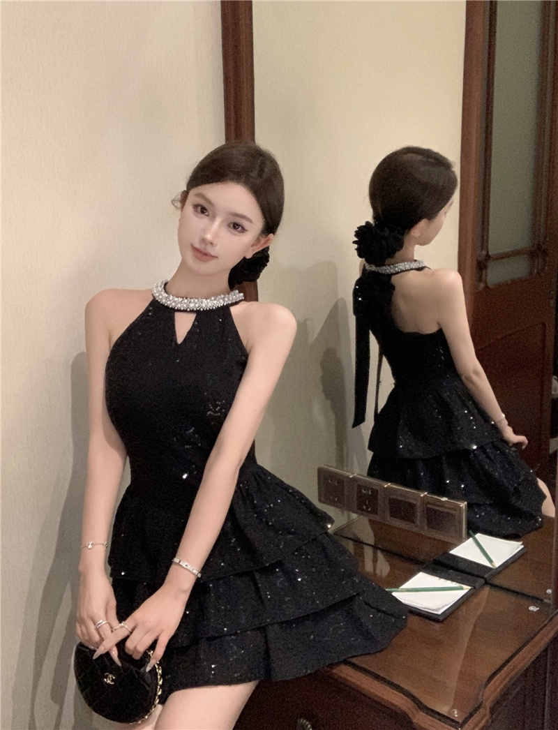 Women's Sequin Halter Dress with Rhinestone Cake Skirt Party Birthday Cocktail Mini Dress - Image 4