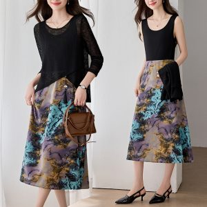 Women's Two-Piece Dress Set New Chinese Style Ink Dress Fall Loose Slimming Plus Size