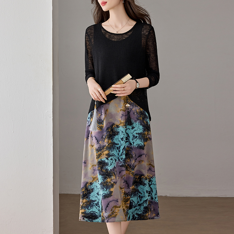 Women's Two-Piece Dress Set New Chinese Style Ink Dress Fall Loose Slimming Plus Size - Image 2